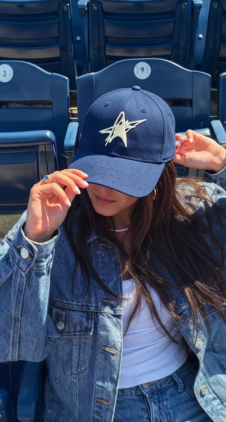 Lucidity Shine On Cap navy with ivory star embroidery — close up — SS26 drop.