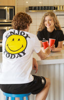 smileyworld white t-shirt for men friends celebrating curly hair on a pantry red glasses party smiley